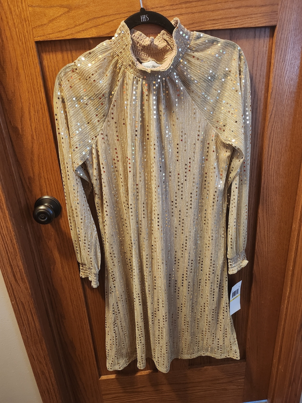 Nina Leonard Metallic Gold Long-Sleeve Ruffle Neck Dress